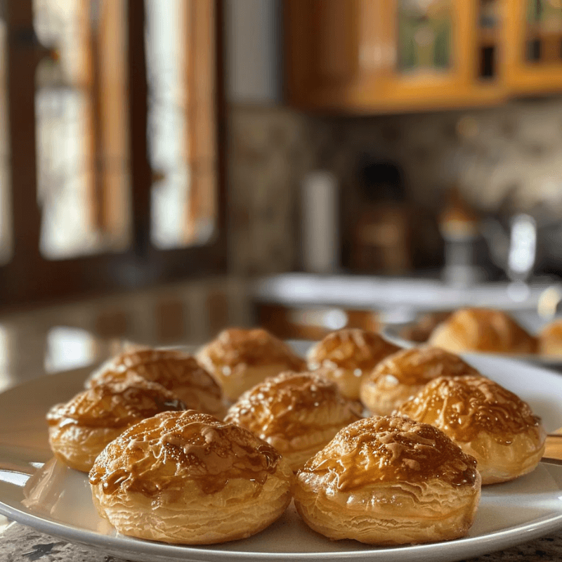 Indulge in sweet mini kunafa cream puffs with a rich filling.