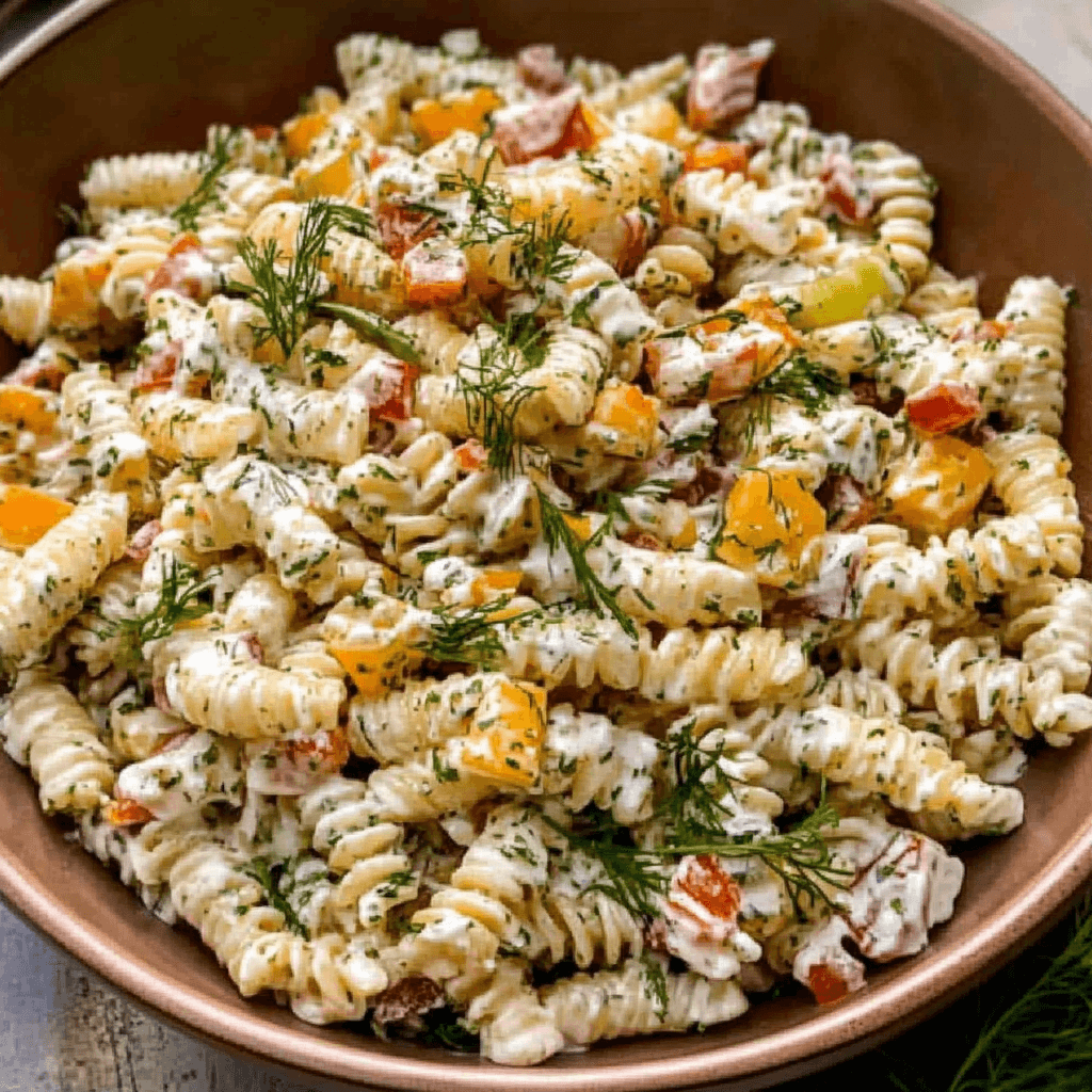 🍴 Crave the crunch: Dill Pickle Pasta Salad magic!
