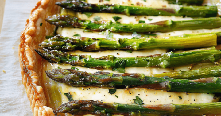 Crispy, creamy, and green – the perfect asparagus and goat cheese tart!