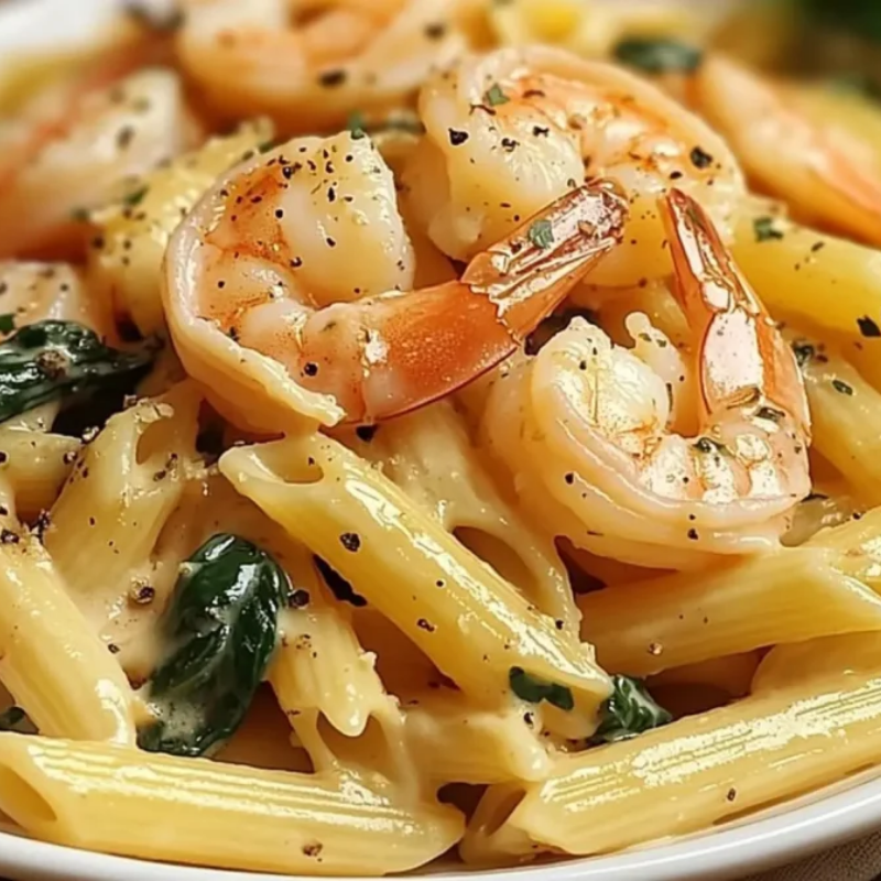 Quick and cheesy Shrimp Penne Pasta with fresh spinach!