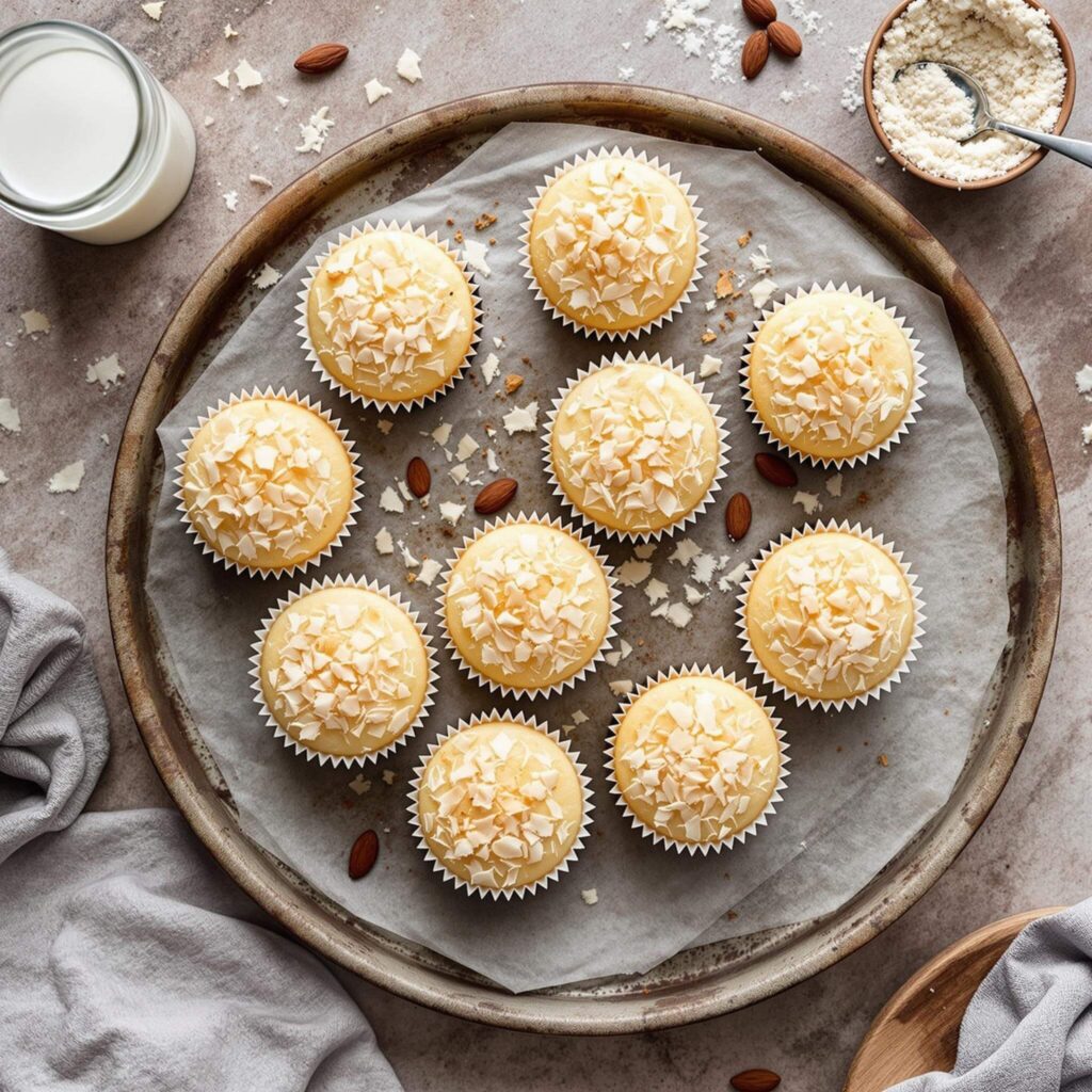 Vegan coconut cupcakes topped with creamy coconut frosting – pure bliss.