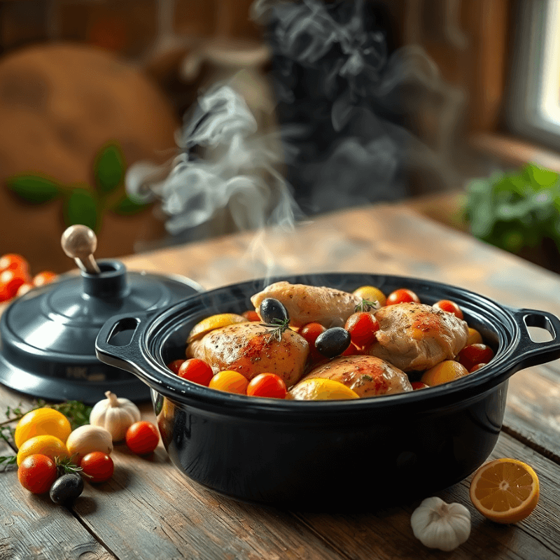 Healthy slow cooker Mediterranean chicken with lemon and herbs.